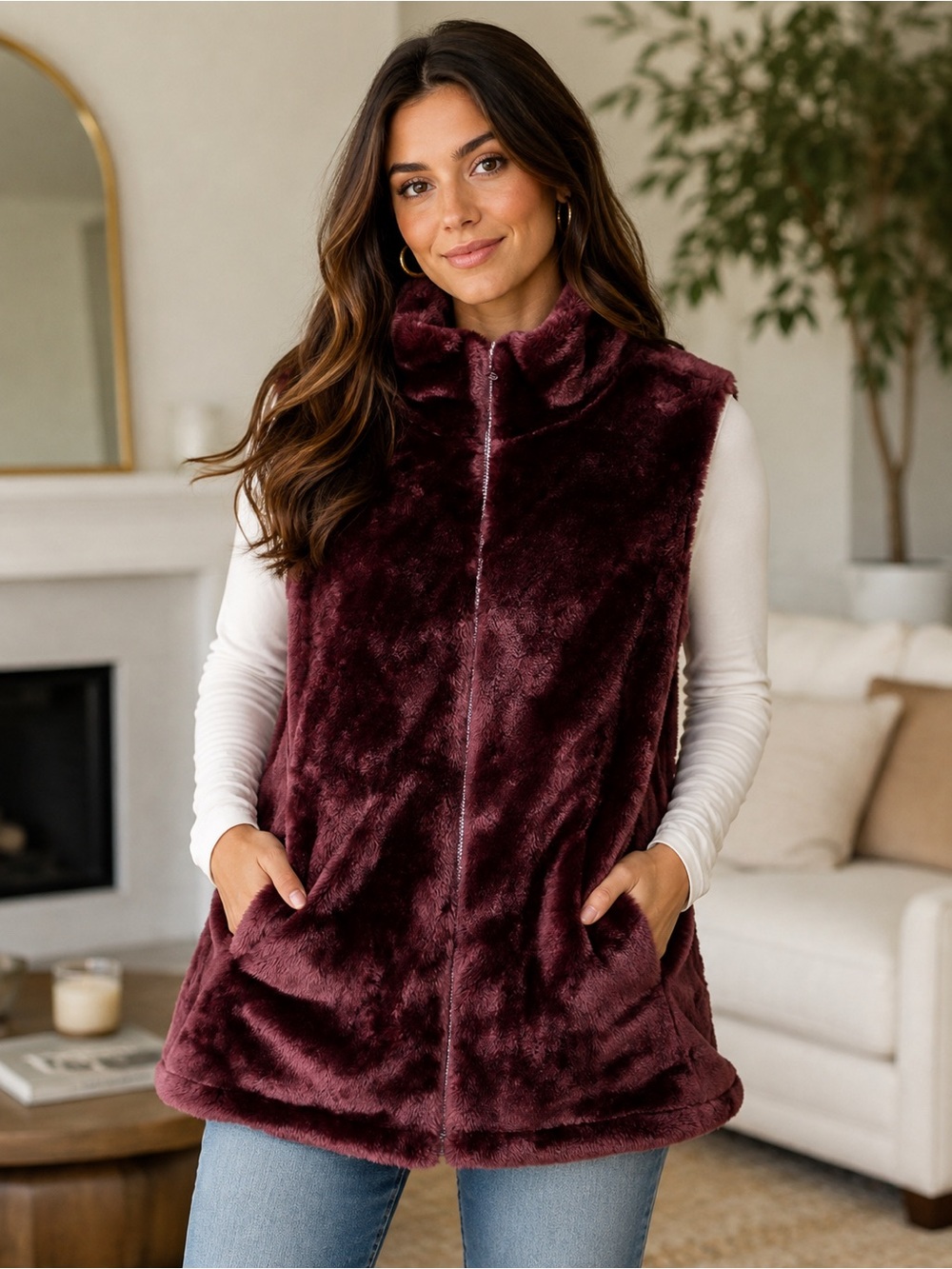 Daydream Burgundy Plush Faux Fur Zip Front Vest Women’s Large Soft Sleeveless